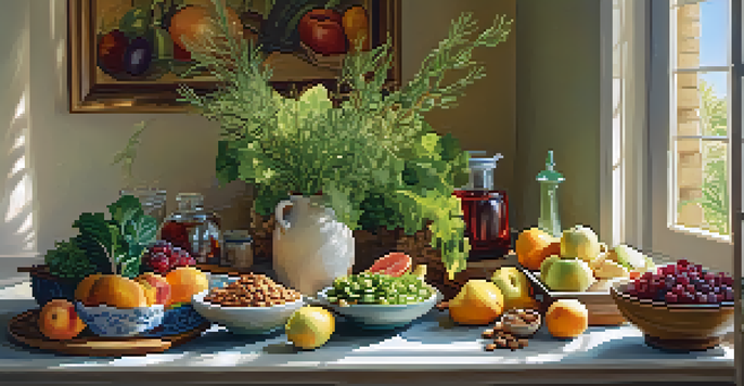 A kitchen table filled with fresh fruits, vegetables, nuts, and whole grains, illuminated by natural light.