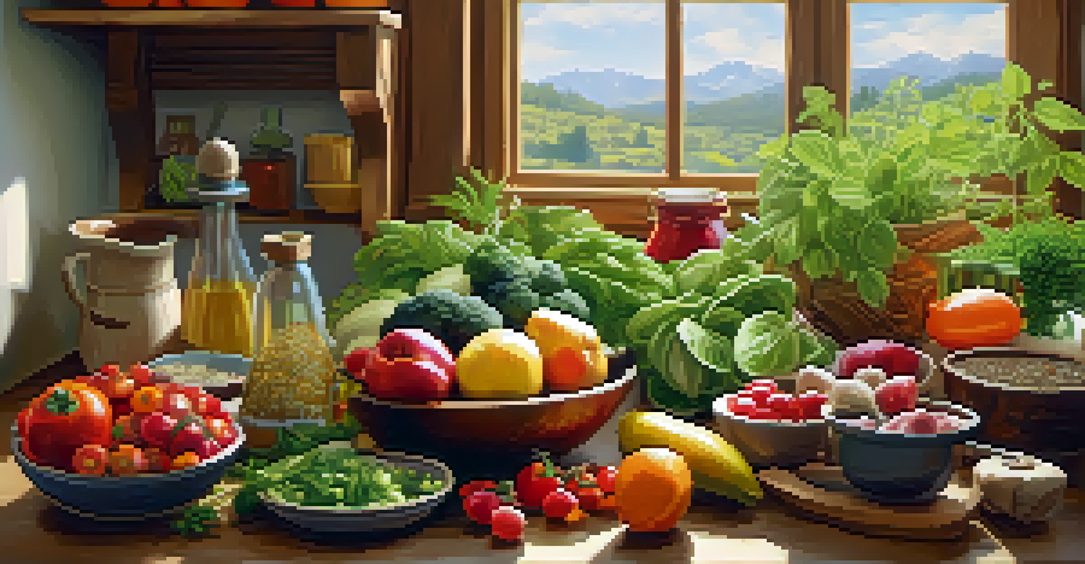 A cozy kitchen filled with fresh fruits, vegetables, and herbs on a wooden table, emphasizing a naturopathic approach to health.