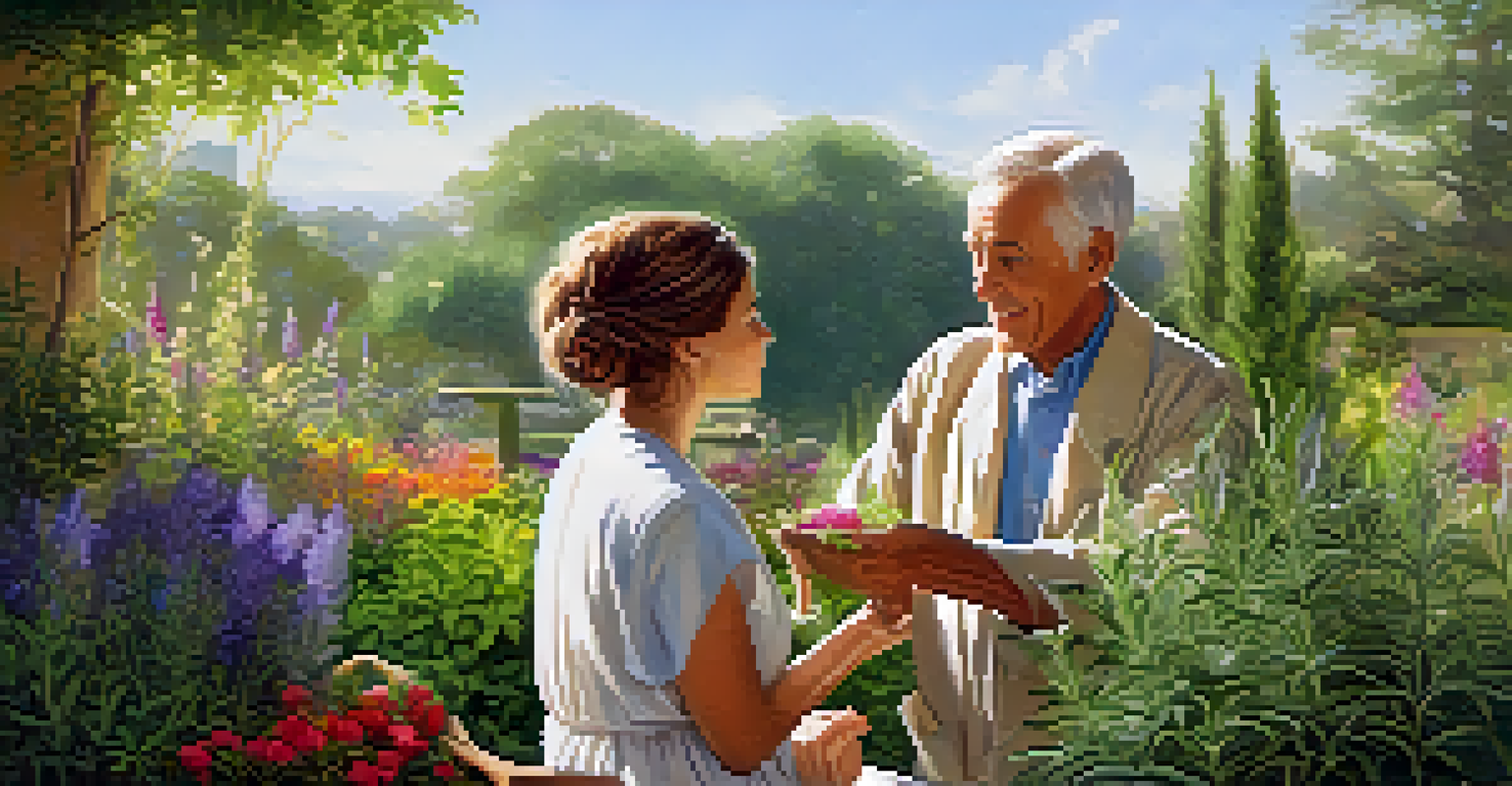 A naturopathy session in a garden, with a female practitioner showing herbs to an elderly male patient.
