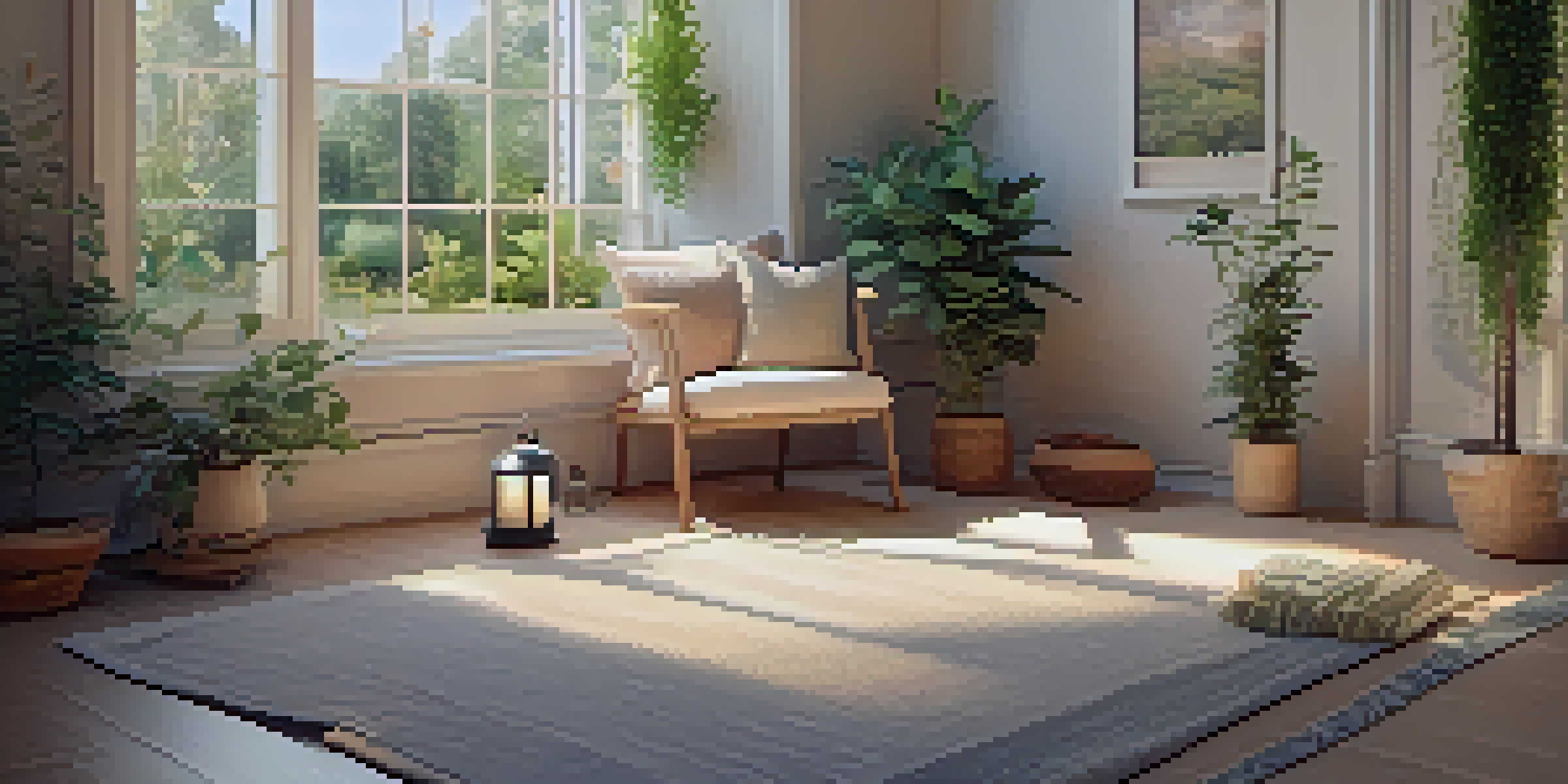 A cozy meditation space with a cushion on the floor, plants, and candles, illuminated by gentle sunlight from a window.