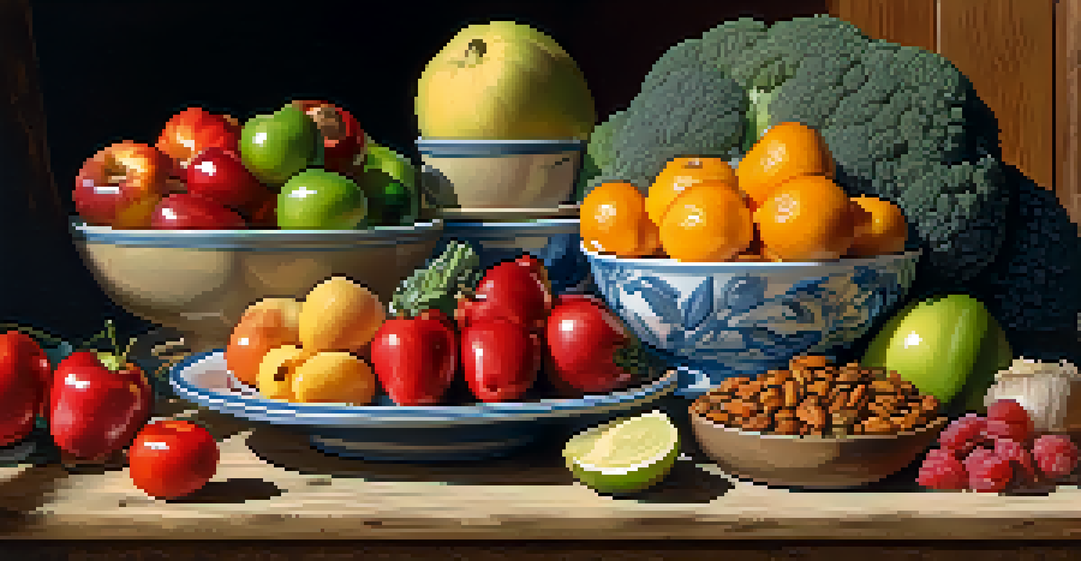 A colorful plate filled with fresh fruits, vegetables, nuts, and lean proteins on a rustic wooden table.
