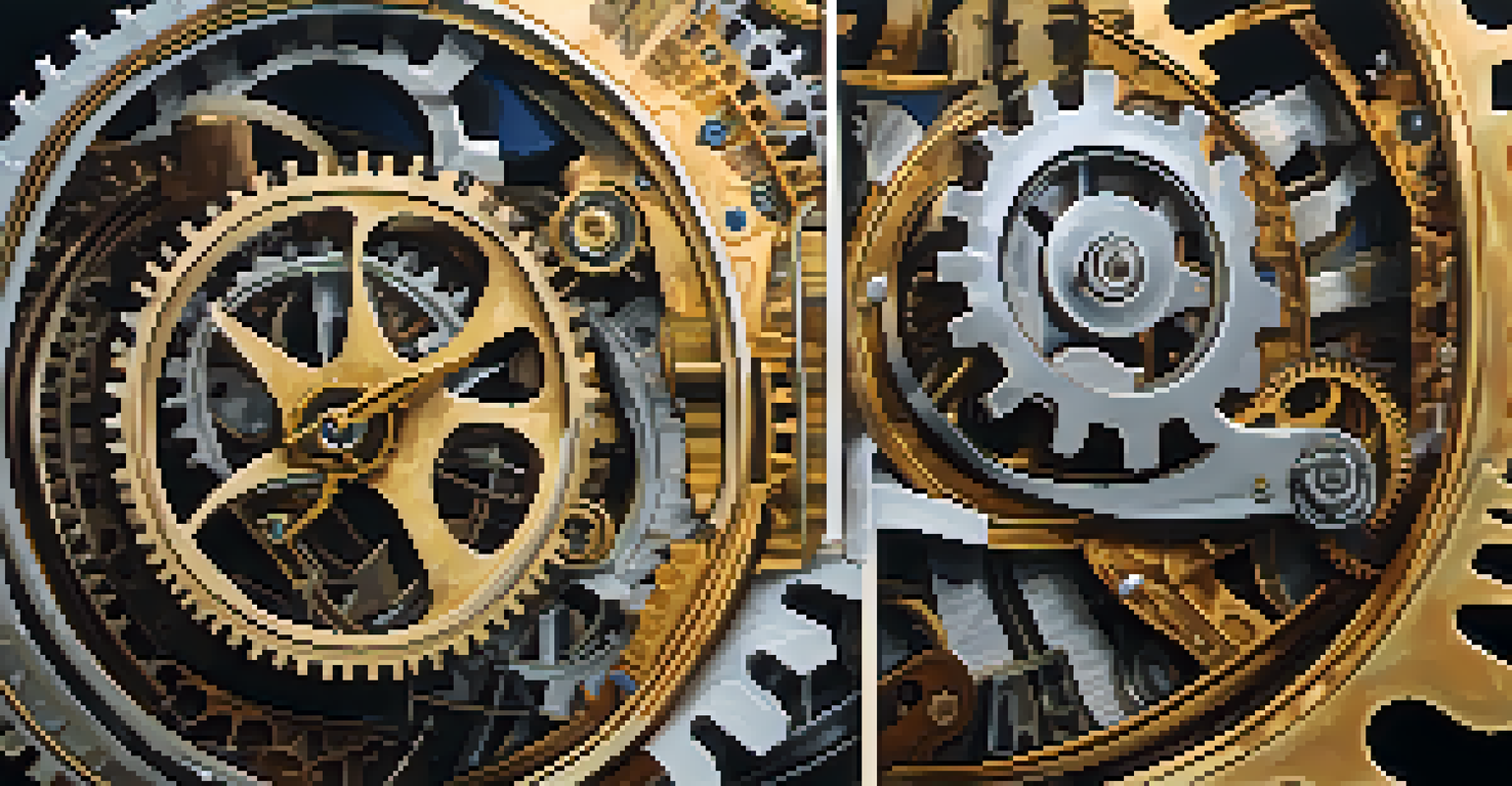 A split image showing vibrant energy on one side and a detailed mechanical clock on the other, symbolizing vitalism and mechanism.
