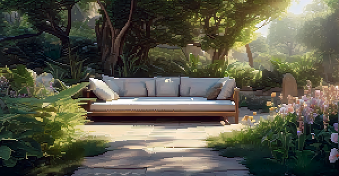 A peaceful meditation area in nature with sunlight, a cushion, and surrounding plants.