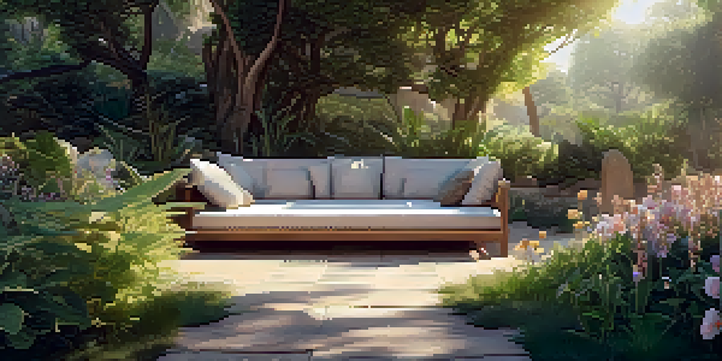 A peaceful meditation area in nature with sunlight, a cushion, and surrounding plants.
