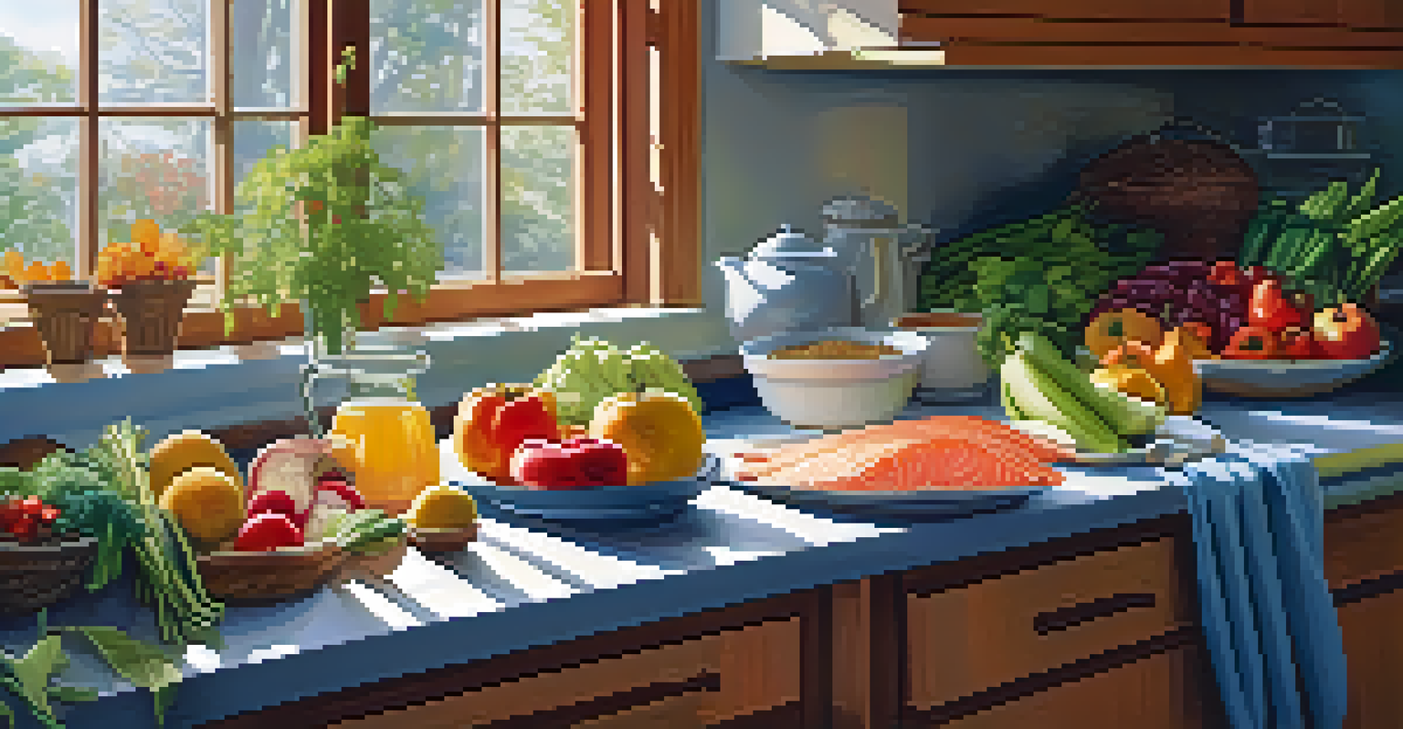 A bright kitchen with fresh fruits, vegetables, and omega-3-rich foods, illuminated by sunlight.