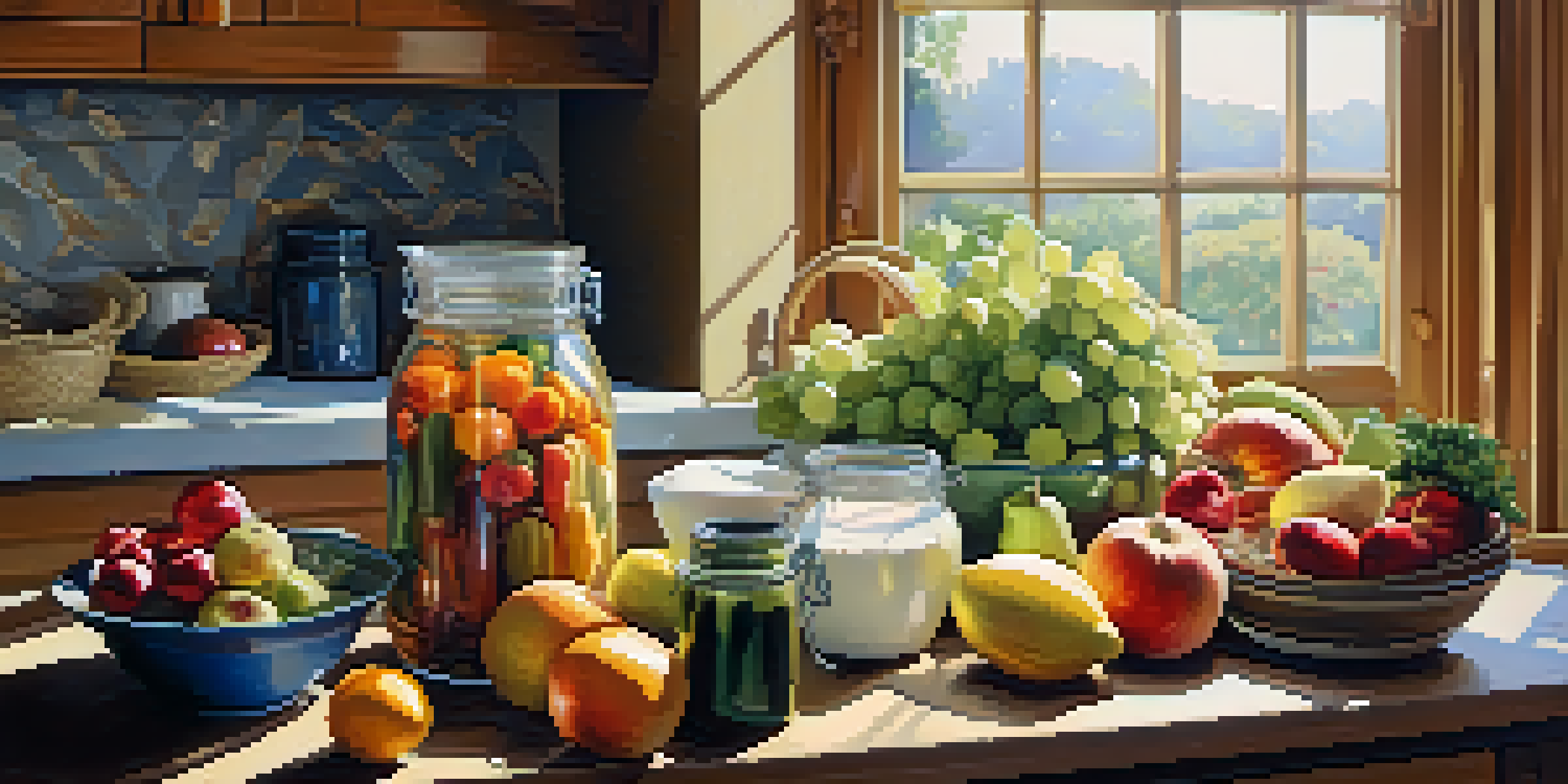 A bright kitchen with a wooden table filled with fresh fruits, vegetables, whole grains, and yogurt, illuminated by sunlight.