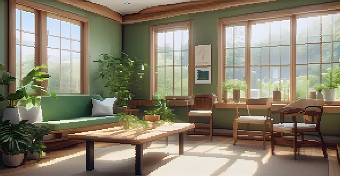 A peaceful naturopathic clinic with wooden furniture, plants, and natural light, creating a calming atmosphere.