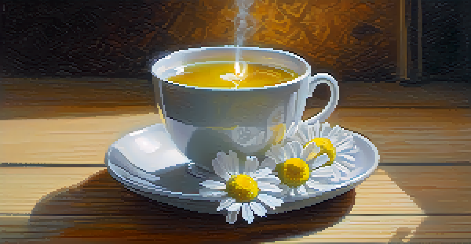 A close-up of chamomile tea with flowers, steam rising, and candlelight creating a calming atmosphere.