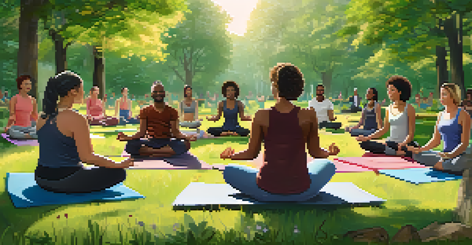 A diverse group practicing yoga outdoors in a sunny park, surrounded by nature, promoting community wellness.
