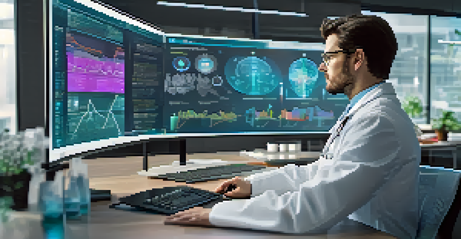 A modern diagnostic workstation with an AI interface displaying health data, and a doctor reviewing it.