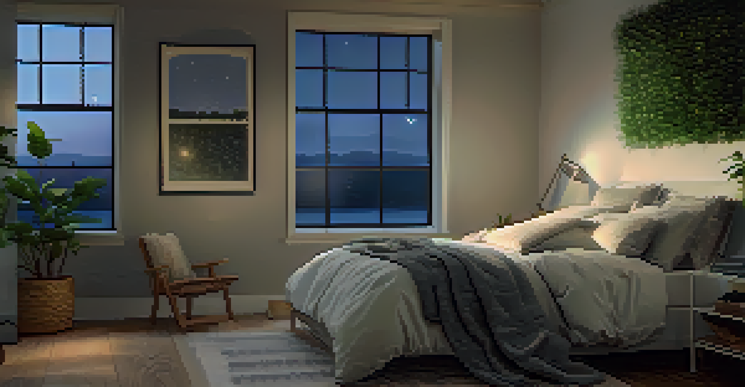 A cozy bedroom with soft linens and calming decor, designed for promoting good sleep health, featuring a peaceful night sky outside.