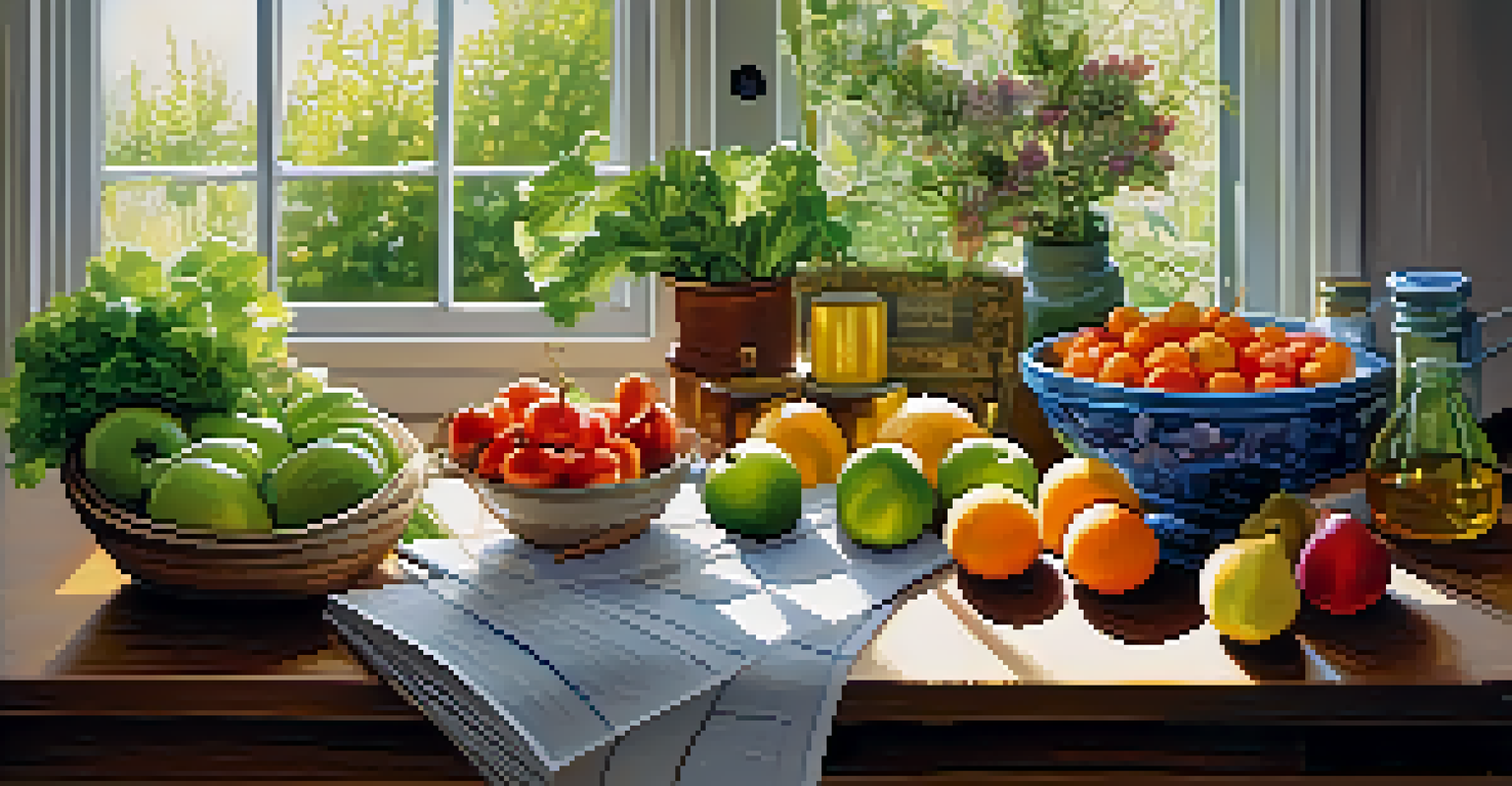 A bright kitchen filled with fresh fruits and vegetables, jars of herbal remedies, and an open cookbook.