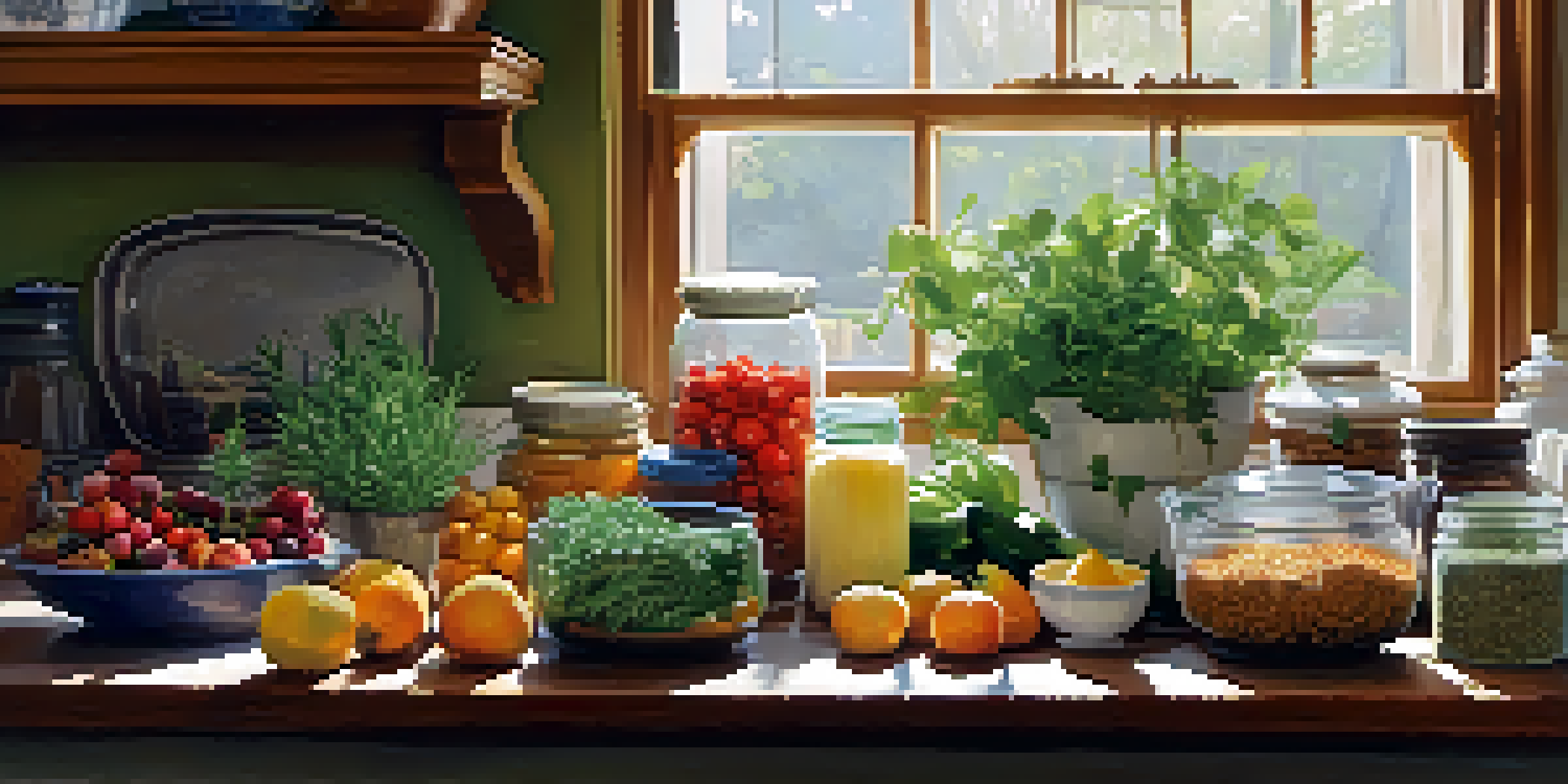 A bright kitchen with a wooden table filled with fresh fruits, vegetables, and jars of herbs, illuminated by morning light.