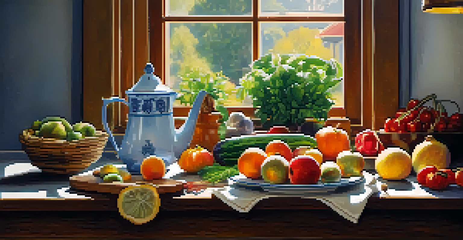 A cozy kitchen with a wooden table full of fresh fruits and vegetables, lit by warm sunlight.