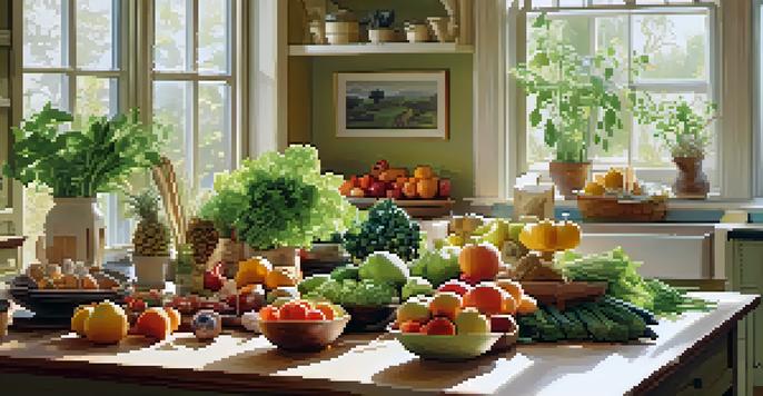 A bright kitchen with a wooden table displaying various healthy foods like fruits and vegetables, illuminated by sunlight.