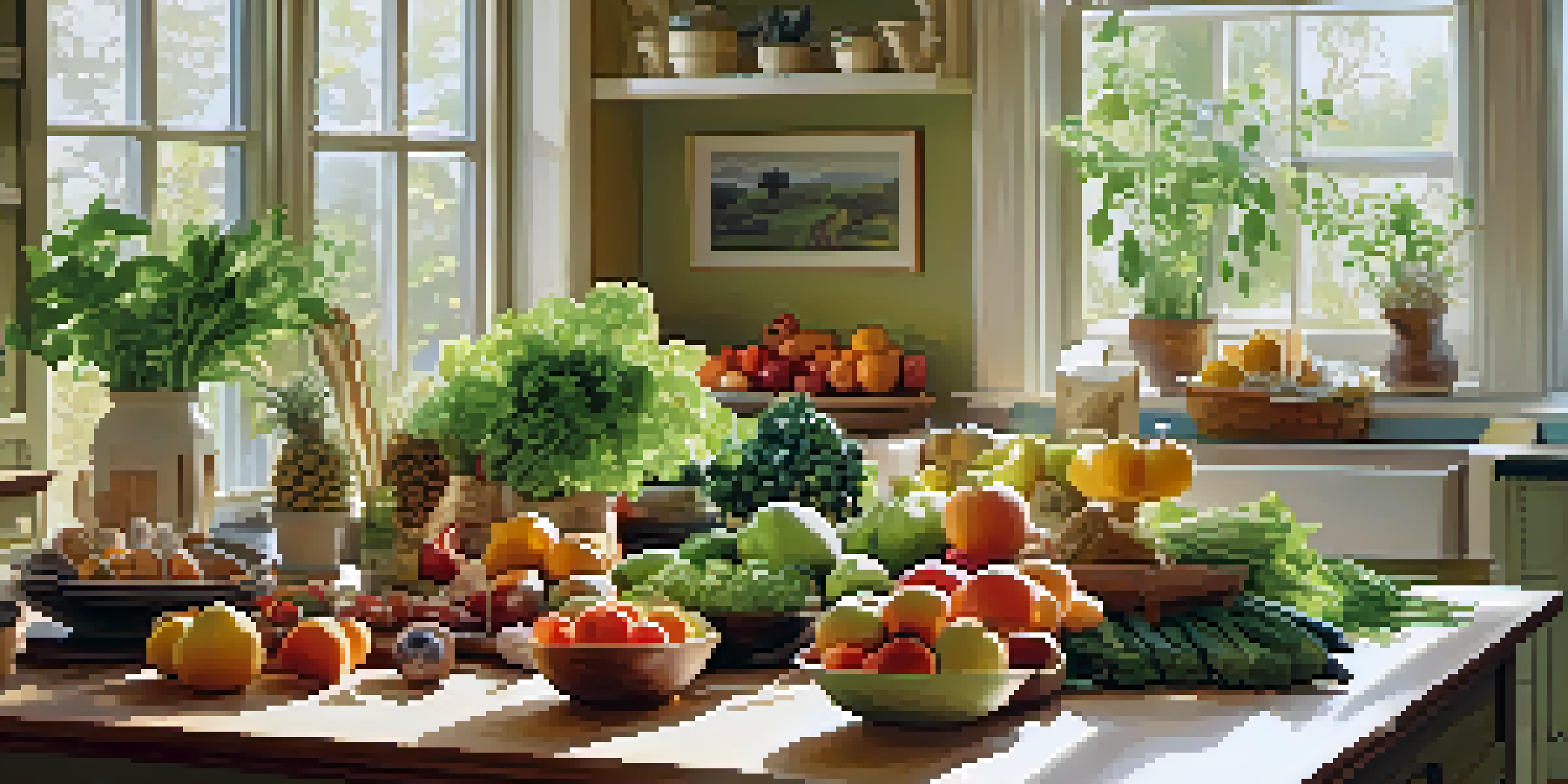 A bright kitchen with a wooden table displaying various healthy foods like fruits and vegetables, illuminated by sunlight.