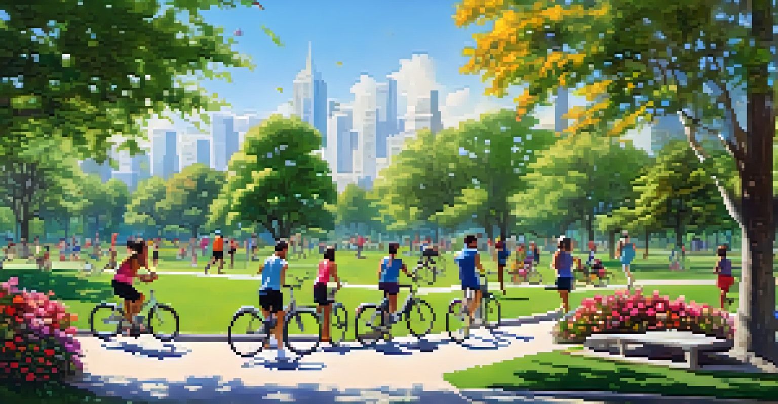 A diverse group of people enjoying aerobic activities in a vibrant community park filled with greenery and colorful flowers under a clear blue sky.