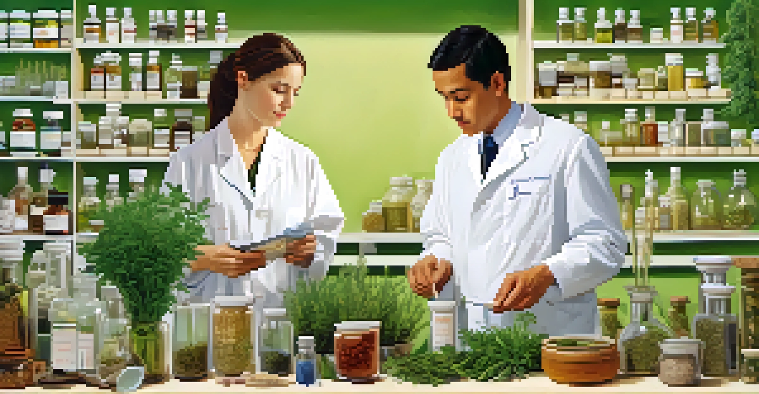 A split image showing a pharmacist filling a prescription on one side and an herbalist preparing herbs on the other, with modern medical equipment and traditional herbs in the background.