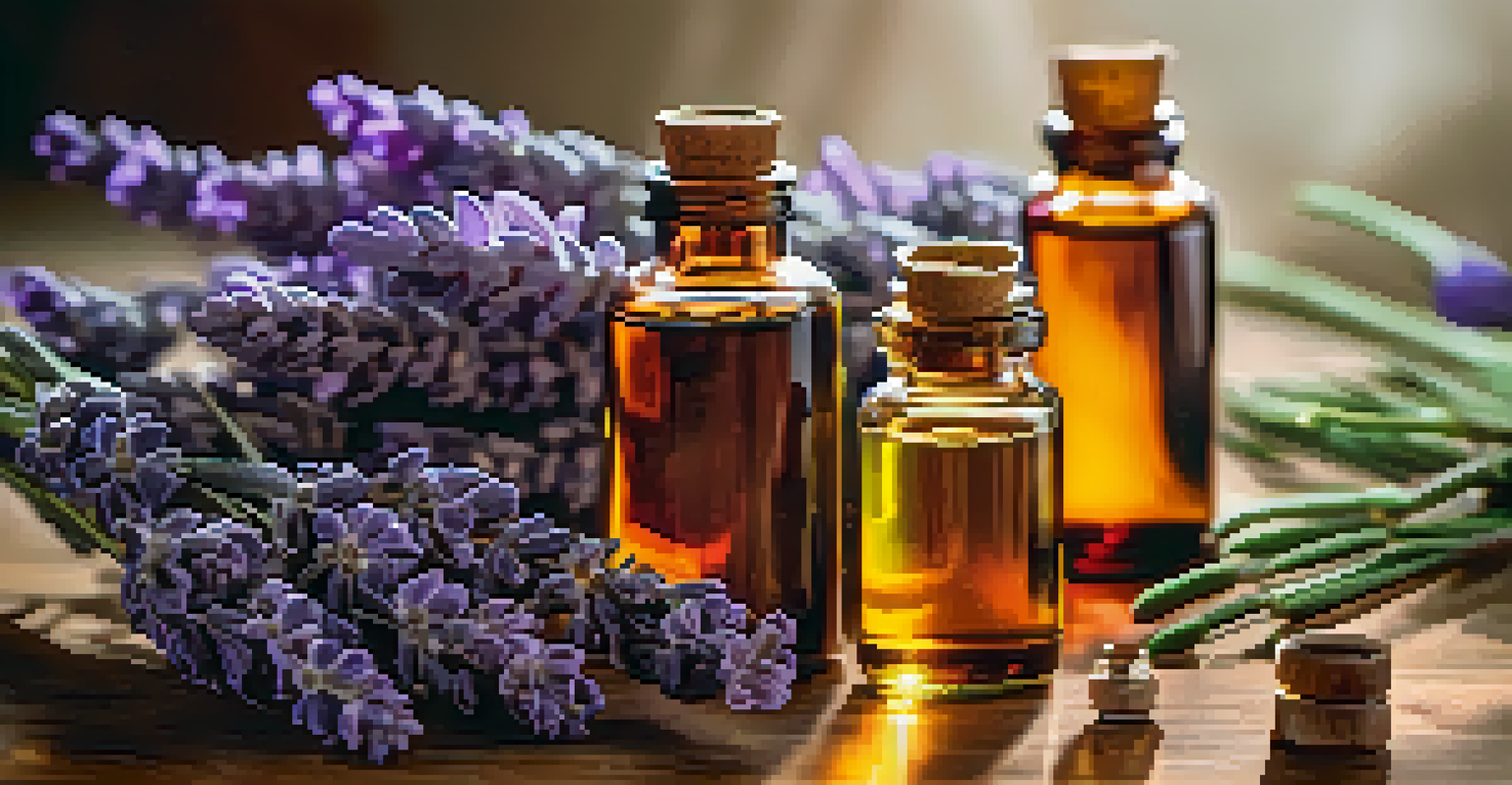 A wooden surface displaying elegant bottles of lavender and frankincense essential oils, along with fresh lavender sprigs and a bowl of rosehip oil, all in soft lighting.