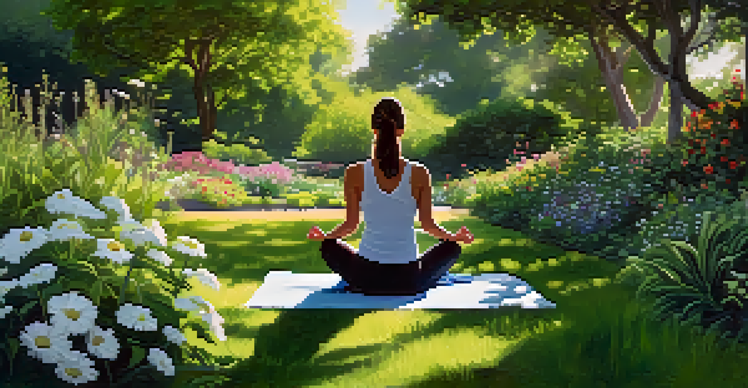 A person doing yoga in a garden surrounded by greenery and flowers, with sunlight filtering through the leaves.