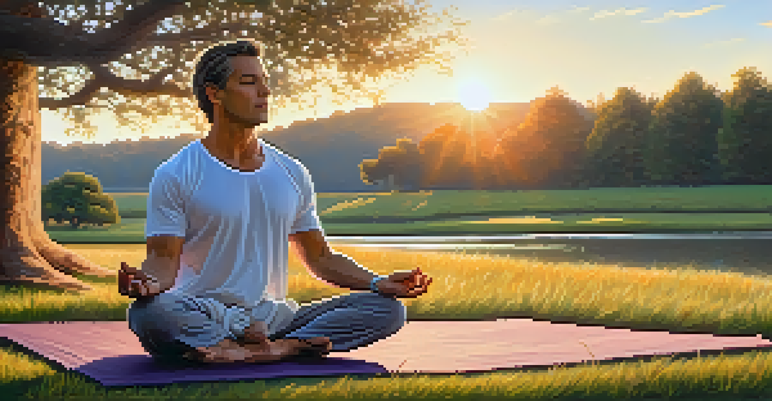 A man practicing yoga outdoors on a grassy field at sunrise, surrounded by trees and flowers.