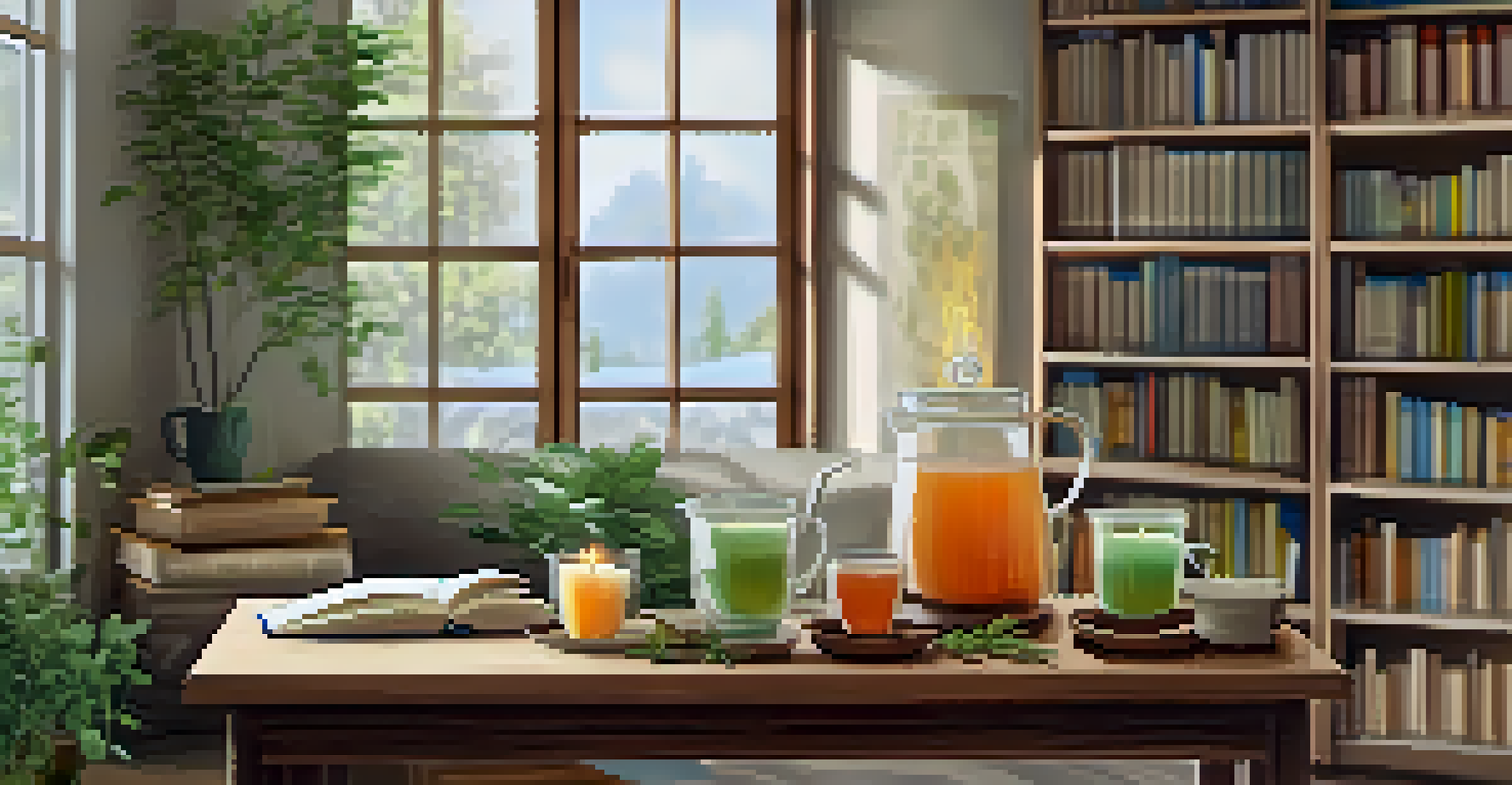 A cozy wellness corner with herbal teas, candles, and books on naturopathy.