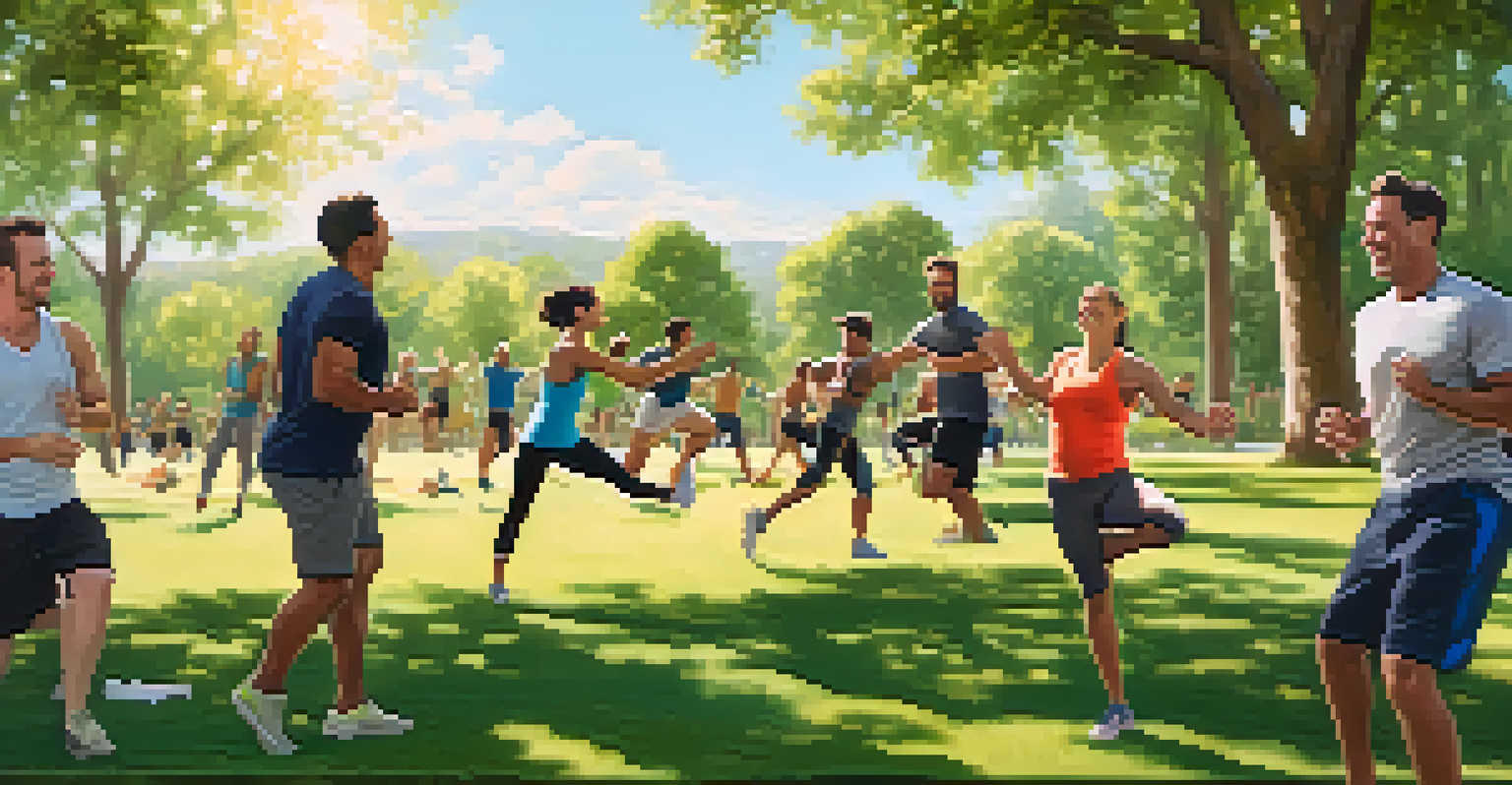 A group of men participating in a fun outdoor fitness class in a park, surrounded by nature, highlighting the joy of physical activity.