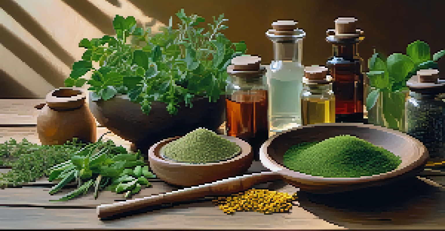 A close-up view of colorful herbs and natural supplements on a wooden table, with warm lighting highlighting the textures.