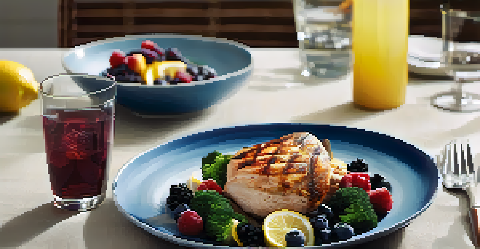 A dining table set for a meal with nutrient-rich foods like mixed berries, water with lemon slices, grilled chicken, and broccoli, surrounded by a floral centerpiece in soft lighting.