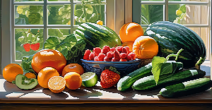 A colorful assortment of fresh fruits and vegetables on a wooden table, including cucumbers, oranges, and strawberries, illuminated by natural sunlight.