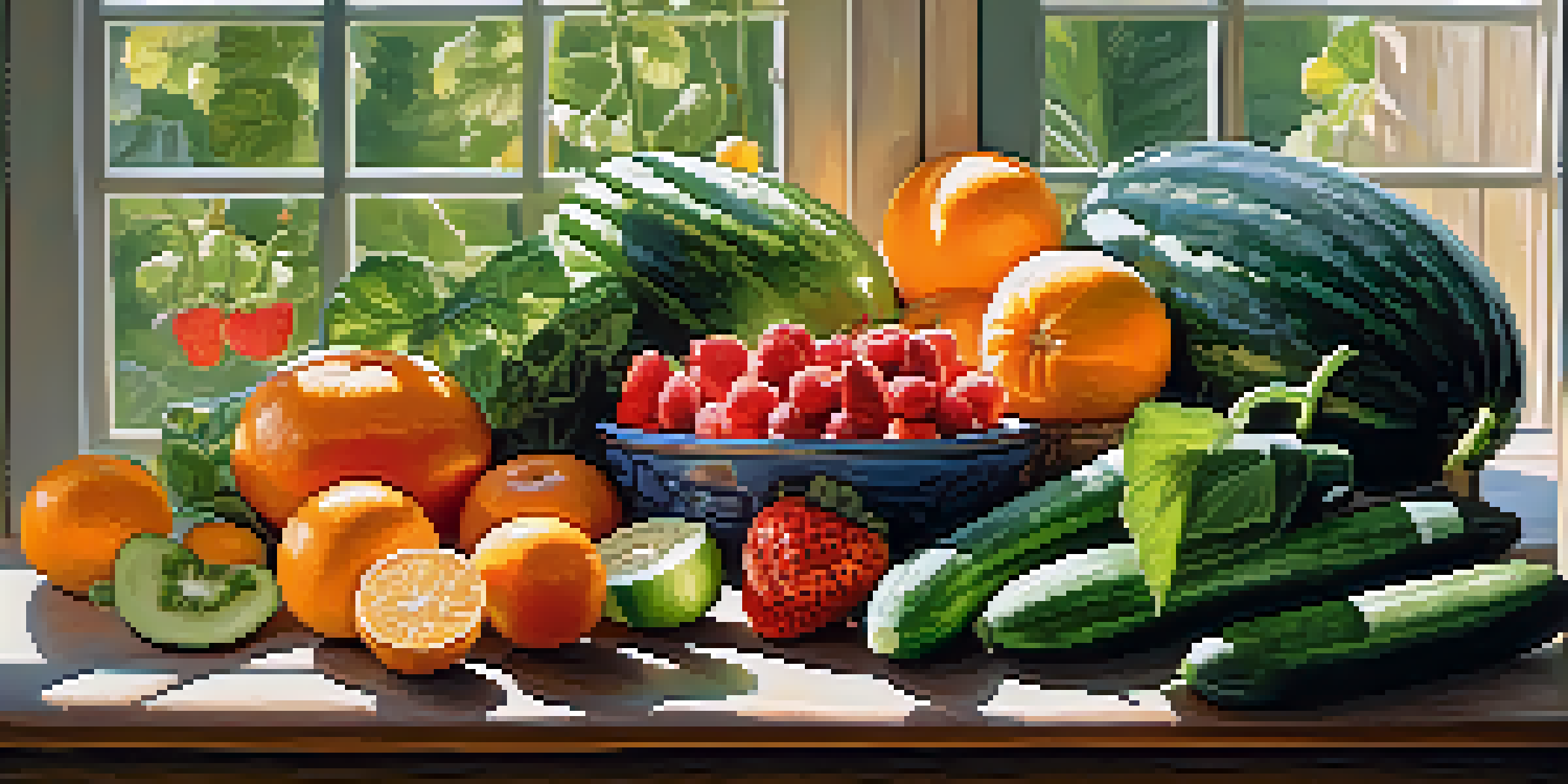 A colorful assortment of fresh fruits and vegetables on a wooden table, including cucumbers, oranges, and strawberries, illuminated by natural sunlight.