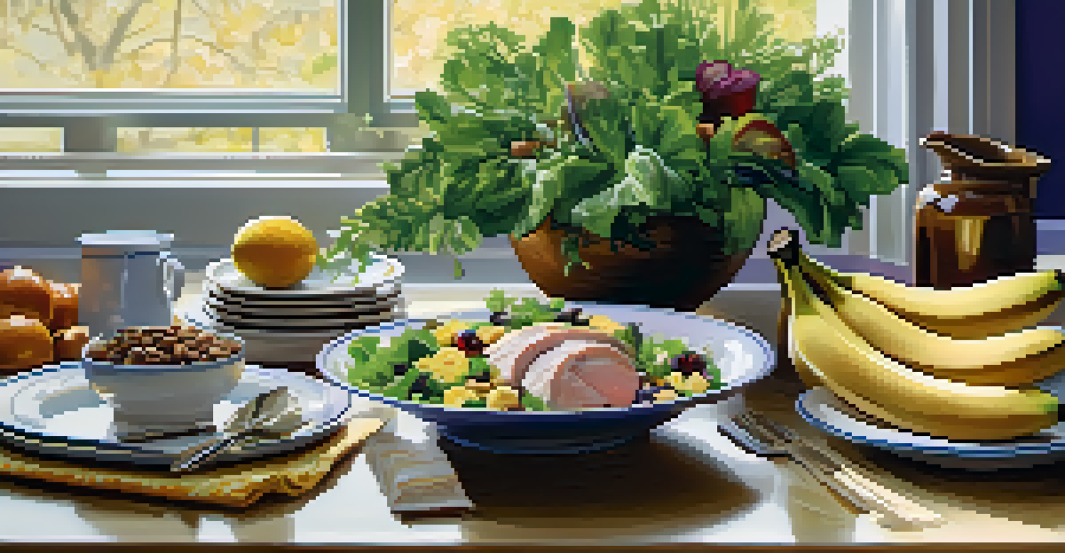 A kitchen table set with healthy foods like salad, nuts, turkey, and bananas, surrounded by warm lighting and calming herbs.