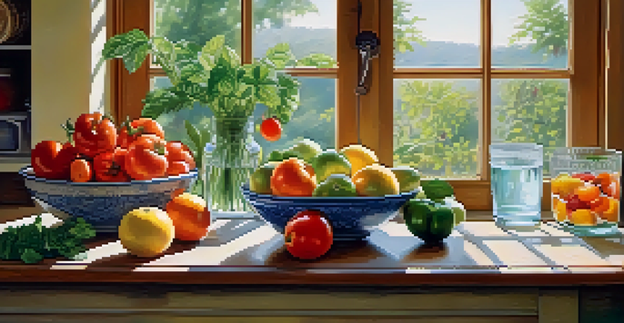 A kitchen table filled with colorful fruits and vegetables, illuminated by soft morning light.