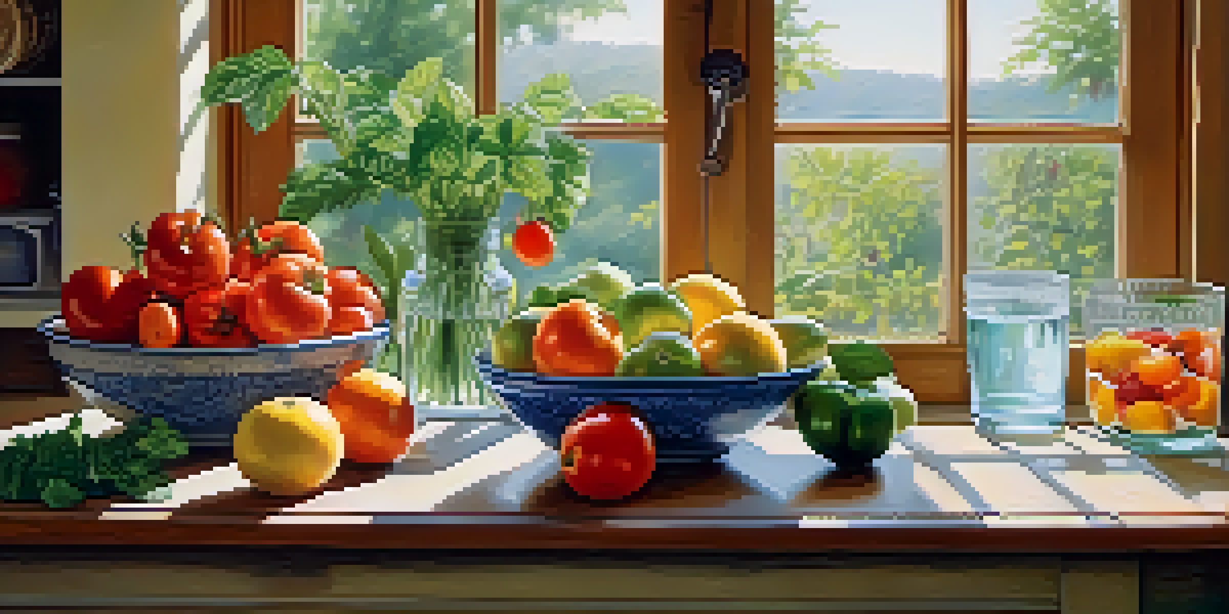 A kitchen table filled with colorful fruits and vegetables, illuminated by soft morning light.