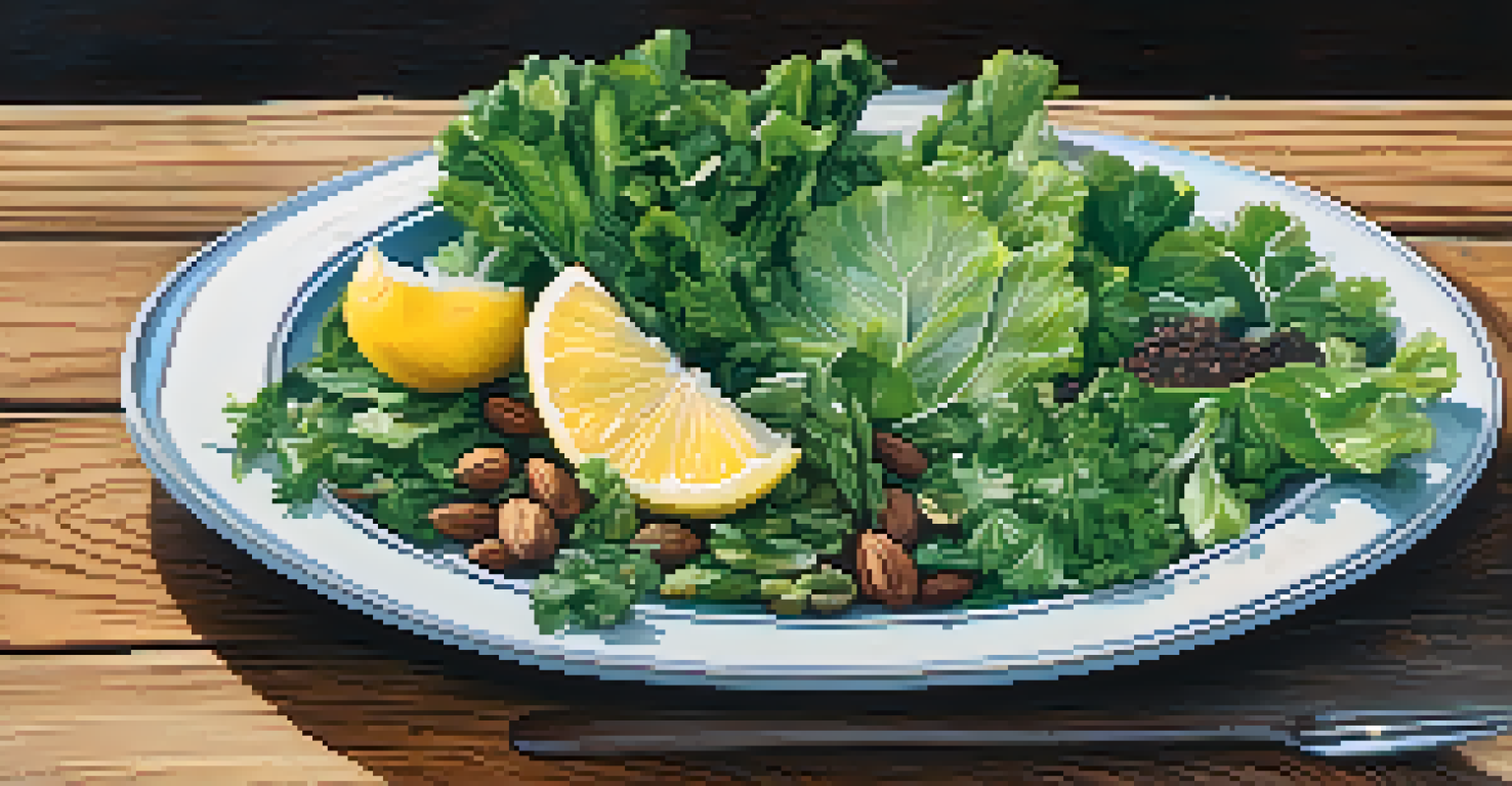 A plate of colorful magnesium-rich foods including greens, nuts, and a glass of water with lemon.