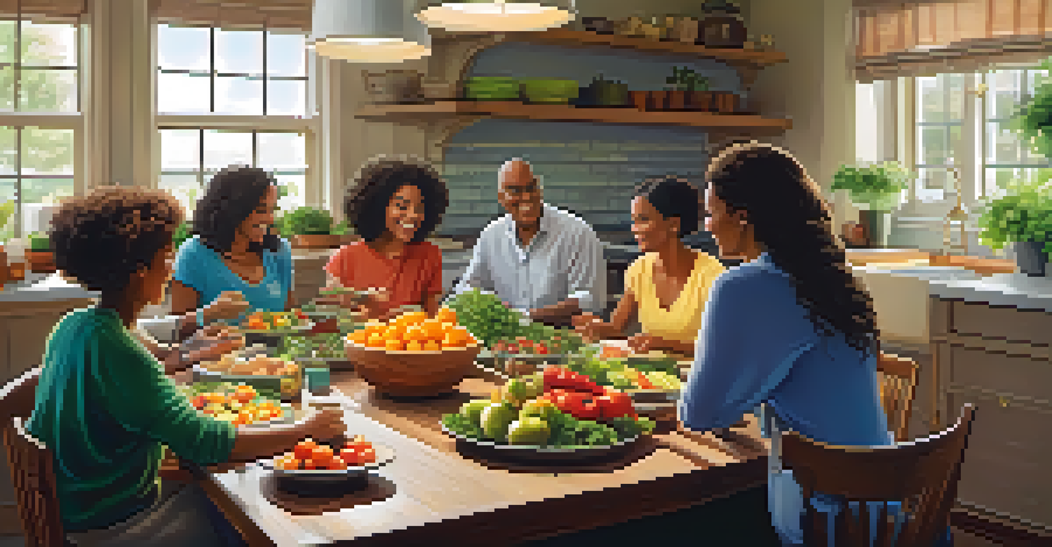 A group of diverse individuals cooking a healthy meal in a warm kitchen filled with fresh ingredients.