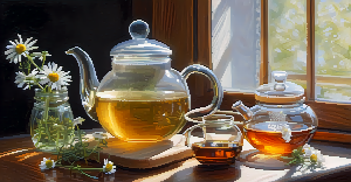 A clear glass teapot with chamomile tea on a wooden table, surrounded by chamomile flowers and a honey jar, illuminated by soft natural light.