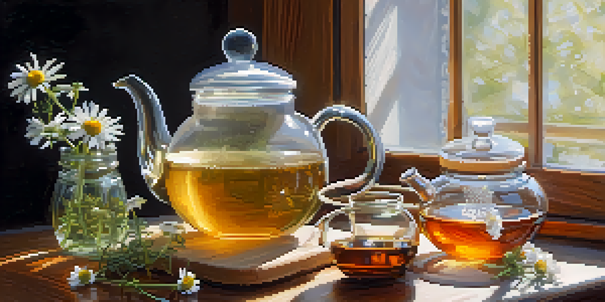 A clear glass teapot with chamomile tea on a wooden table, surrounded by chamomile flowers and a honey jar, illuminated by soft natural light.