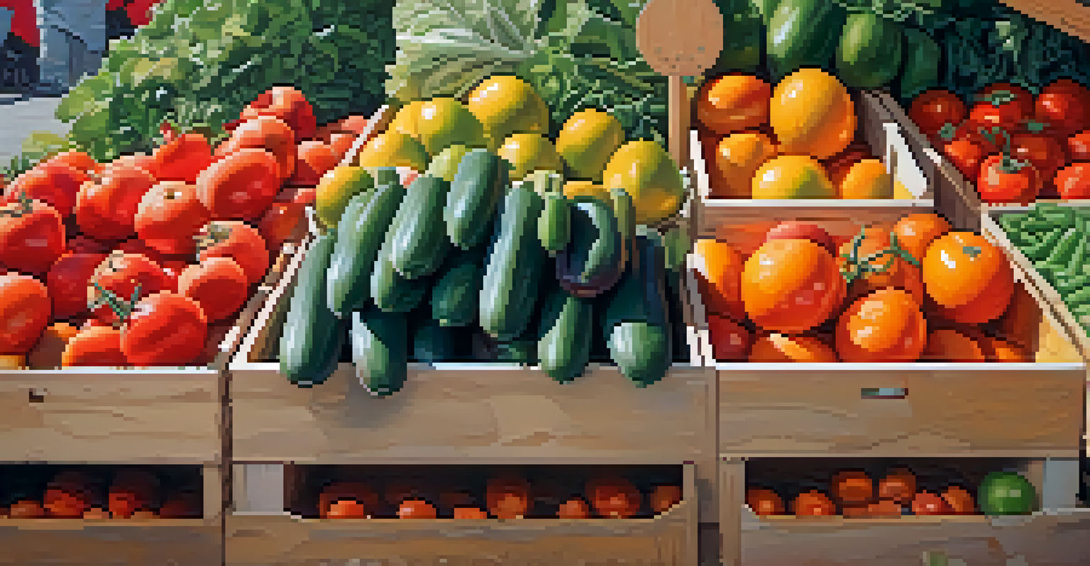 A close-up view of colorful fruits and vegetables at a farmer's market, showcasing fresh produce with sunlight highlighting their textures.