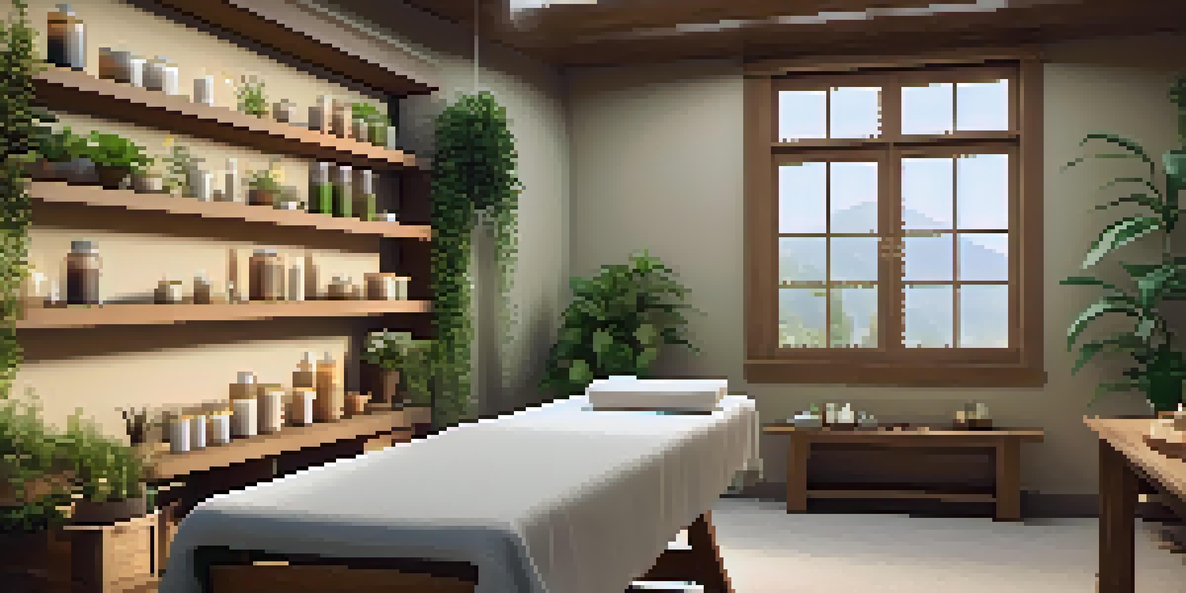 A calming naturopathic treatment room with a massage table, plants, and herbal remedies.