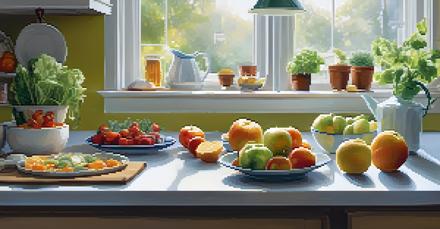 A bright kitchen with fresh fruits and vegetables, a cup of herbal tea, and light snacks, emphasizing healthy eating for better sleep hygiene.