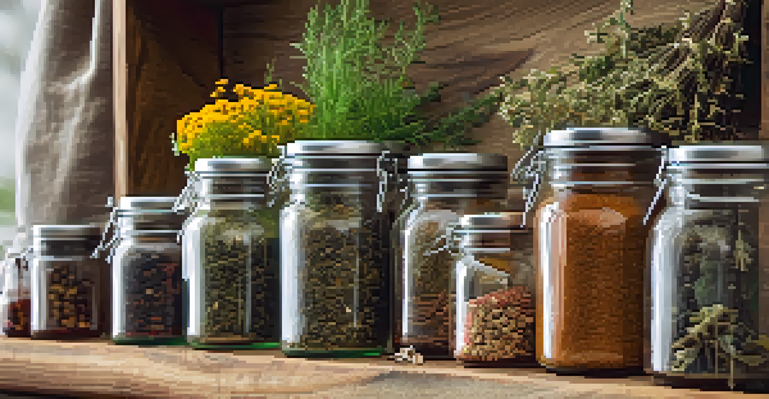 A rustic wooden shelf displaying glass jars of colorful dried herbs and spices, with a small chalkboard label indicating their uses.