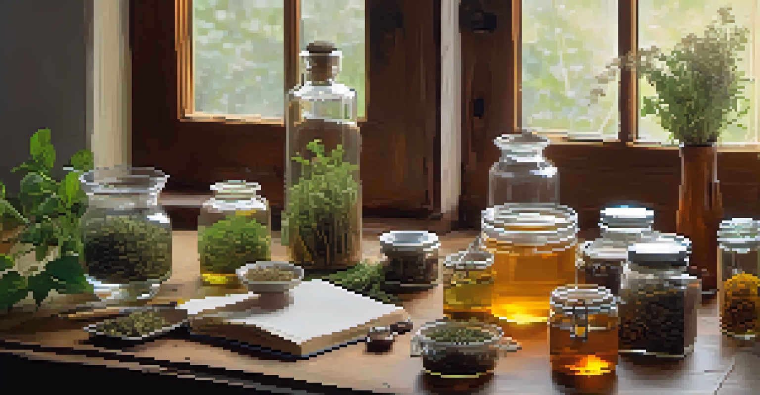A wooden table displaying jars of dried herbs, fresh herbs, and herbal teas, with natural light creating a warm atmosphere and a notebook beside them.