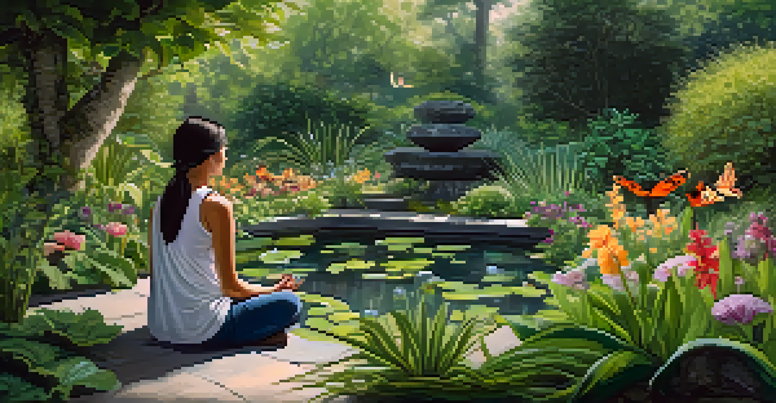 A person meditating in a serene garden with a pond, surrounded by blooming flowers and butterflies.