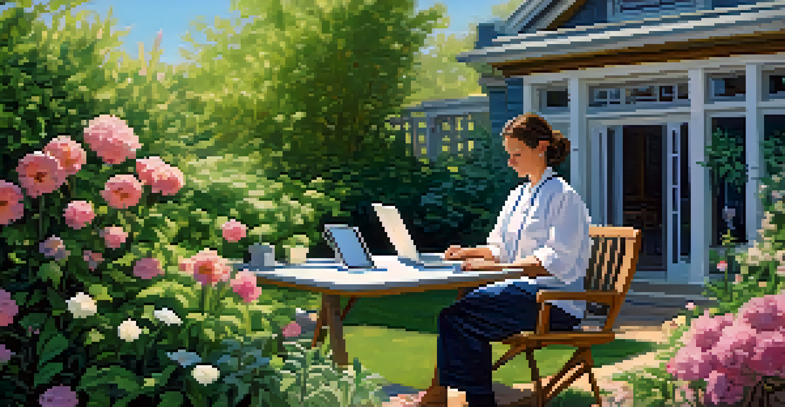 A naturopathic practitioner holding a telehealth consultation on a laptop in a garden, surrounded by flowers and greenery under a clear blue sky.
