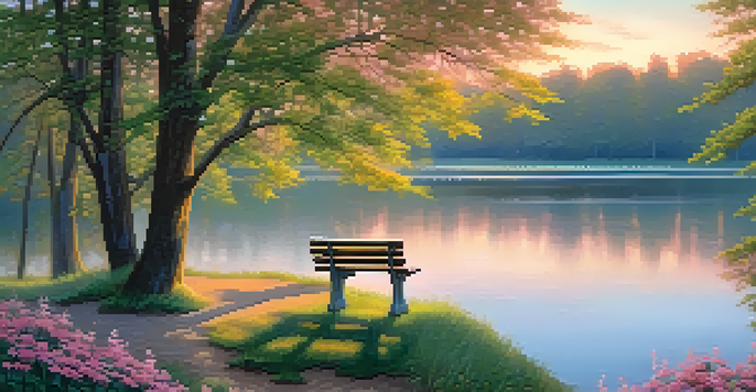 A peaceful park at dawn with sunlight filtering through trees and a calm lake, featuring a wooden bench surrounded by colorful flowers.