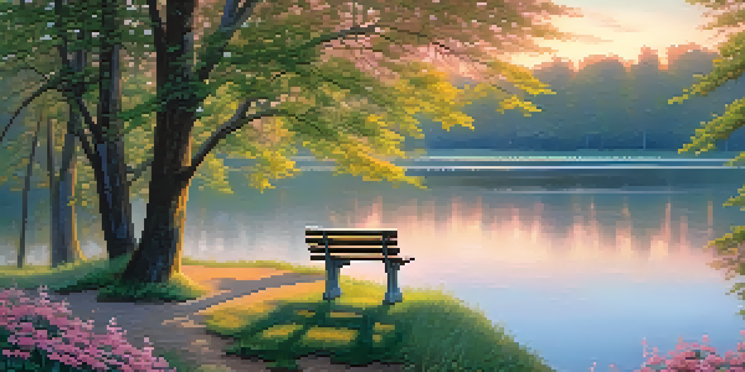 A peaceful park at dawn with sunlight filtering through trees and a calm lake, featuring a wooden bench surrounded by colorful flowers.