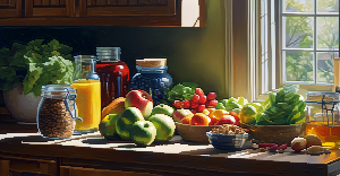 A bright kitchen filled with fresh fruits, vegetables, and a glass jar of infused water, illuminated by sunlight.