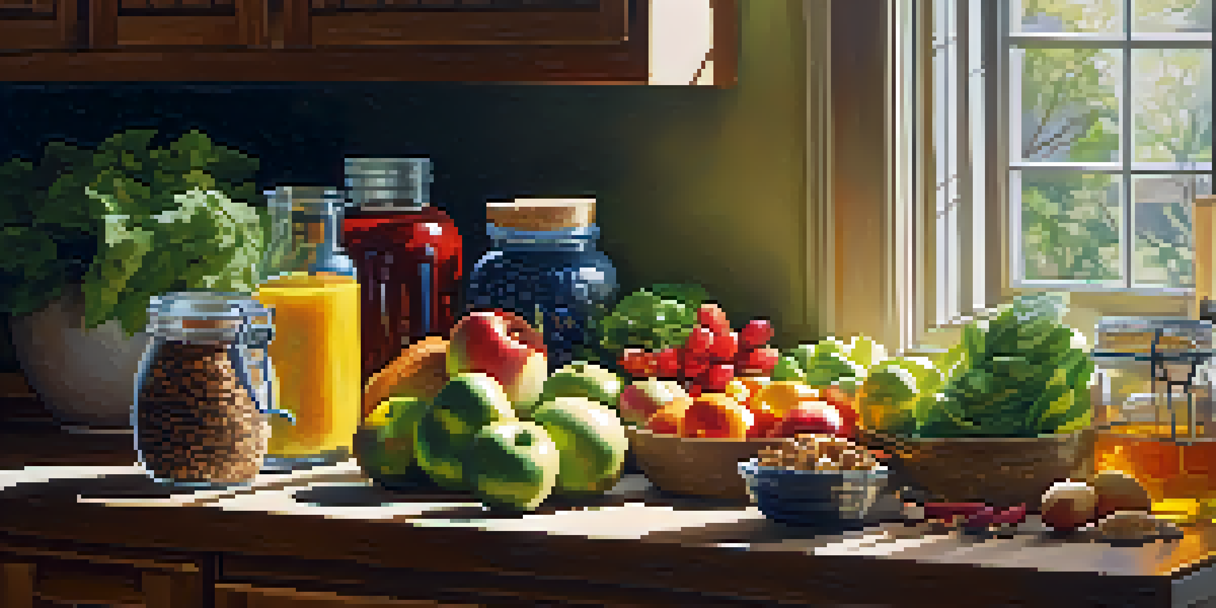A bright kitchen filled with fresh fruits, vegetables, and a glass jar of infused water, illuminated by sunlight.