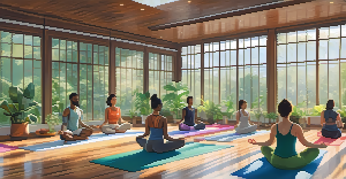A diverse group of individuals practicing yoga in a serene studio with soft morning light and a view of a lush garden.